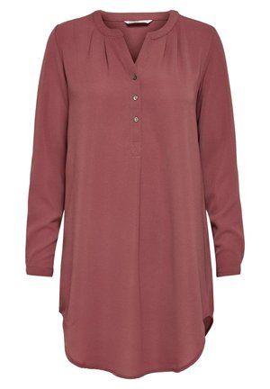 Langærmet tunika i dæmpet mauve med rund halsudskæring, tre knapper foran og en let buet kant.