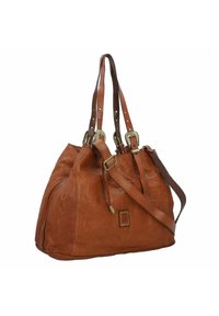 Borsa in pelle color tan con una forma morbida, doppio manico, tracolla regolabile e dettagli decorativi in metallo. Presenta una texture unica.