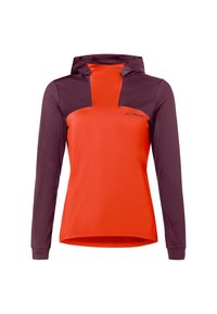 Kapuzenshirt mit langen Ärmeln, das ein lebhaftes orangefarbenes Vorderteil und dunkellilane Ärmel hat. Glatte Textur mit kontrastierenden Farbkombinationen und Logodetail.