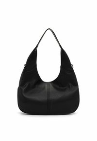 Sac hobo en cuir noir avec une texture lisse, une anse allongée et un corps arrondi. Présente une couture discrète au centre.