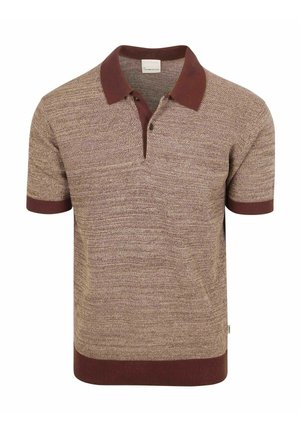 Kurzärmliges, gestricktes Poloshirt in Beige mit einer strukturierten Musterung, mit dunkelbraunem Kragen, Ärmelbündchen und Saum.