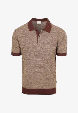 Kurzärmliges, gestricktes Poloshirt in Beige mit einer strukturierten Musterung, mit dunkelbraunem Kragen, Ärmelbündchen und Saum.