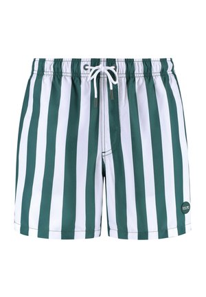 Grüne und weiße gestreifte Badeshorts mit elastischem Bund und Kordelzug, aus leichtem Stoff und einem kleinen Logopatch an der Seite.