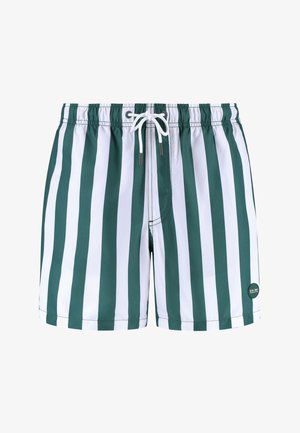 Roheline ja valge triibuline ujumispüks, millel on elastne vöökoht koos nööriga, kerge kangas ja väike logopatch küljel.