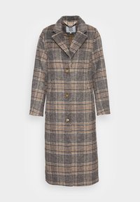 Šedý kostkovaný vlněný kabát s klopovým límcem, šesti knoflíkovým zapínáním a bočními kapsami s mírně áčkovým střihem.