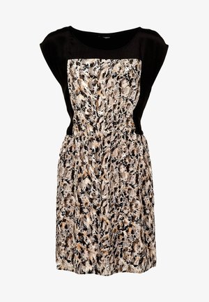 Robe sans manches avec haut noir et jupe et corsage à motifs abstraits beige, noir et blanc.