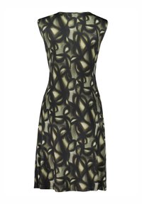 Ärmelloses Kleid mit einem schwarz-grünen abstrakten Muster, das einen taillierten Oberteil und einen schwingenden Rock aufweist, gefertigt aus einem glatten, elastischen Stoff.