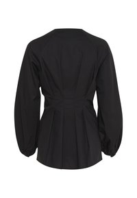 Svart blus med en strukturerad passform, som har långa puffärmar, rund halsringning och veckade detaljer bak som ger extra textur.