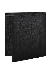 Portafoglio in pelle nera con superficie testurizzata, design a doppia piega e cuciture ordinate lungo i bordi. Forma rettangolare compatta.