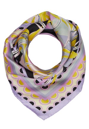 Firkantet silkeskærf med abstrakte geometriske mønstre i gul, pink, sort, grå og lavendel, foldet i en cirkulær form.