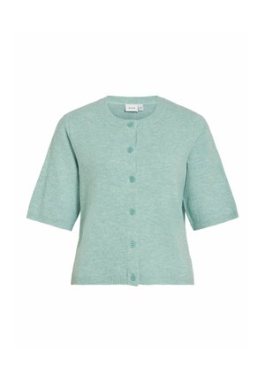 Lys grønn kortermet strikket cardigan med rund halsutringning og seks knapper foran, ribbestrikket nederkant og ermekanter.