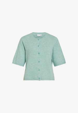 Lys grønn kortermet strikket cardigan med rund halsutringning og seks knapper foran, ribbestrikket nederkant og ermekanter.