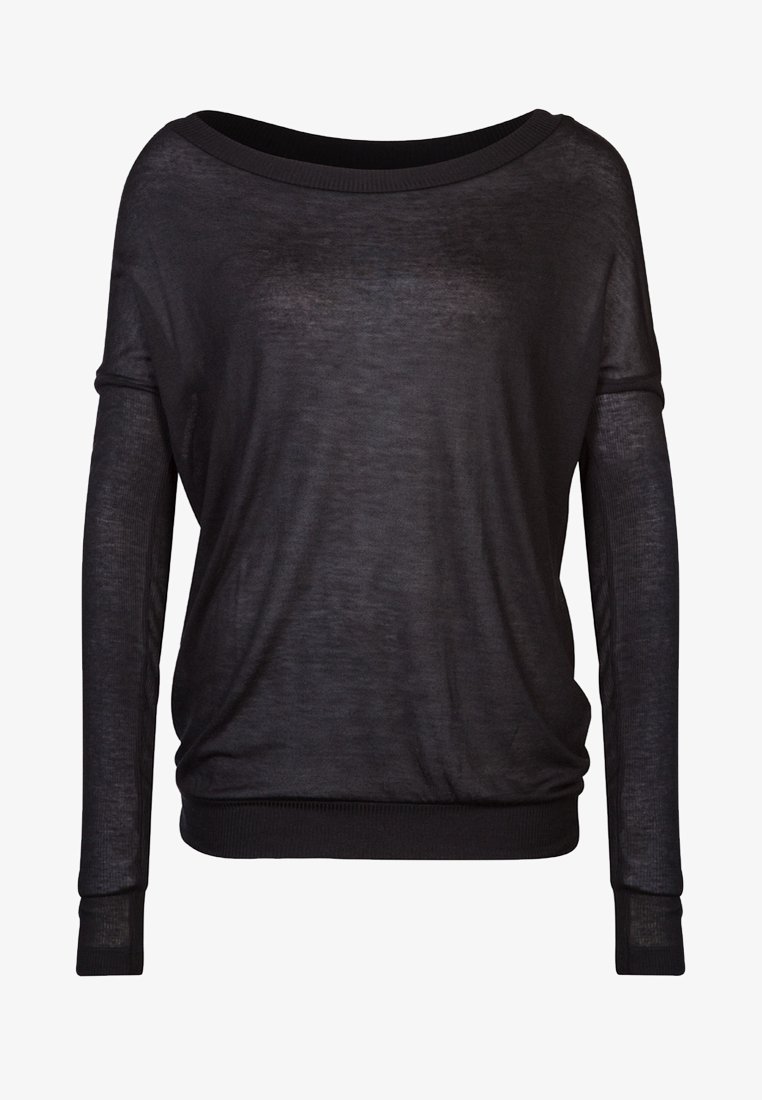 Suéter negro ligero de manga larga con escote amplio y puños y dobladillo ajustados, mostrado sobre un fondo blanco.
