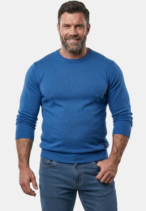 Mand med brunt hår og skæg iført en blå langærmet sweater og blå jeans, smilende og stående mod en ensfarvet baggrund.