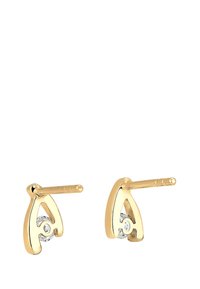 Guld stud øreringe med et moderne, abstrakt design, der har en cirkulær accesorie med en klar ædelsten. Glat finish, subtil glans.