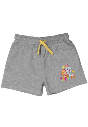 Shorts in cotone grigi con un cordino giallo, caratterizzati da una grafica colorata "Team" e personaggi dei cartoni animati sulla gamba sinistra.
