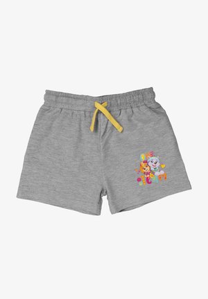 Graue Baumwollshorts mit einem gelben Kordelzug, ausgestattet mit einem bunten "Team"-Grafik und Comicfiguren auf dem linken Bein.