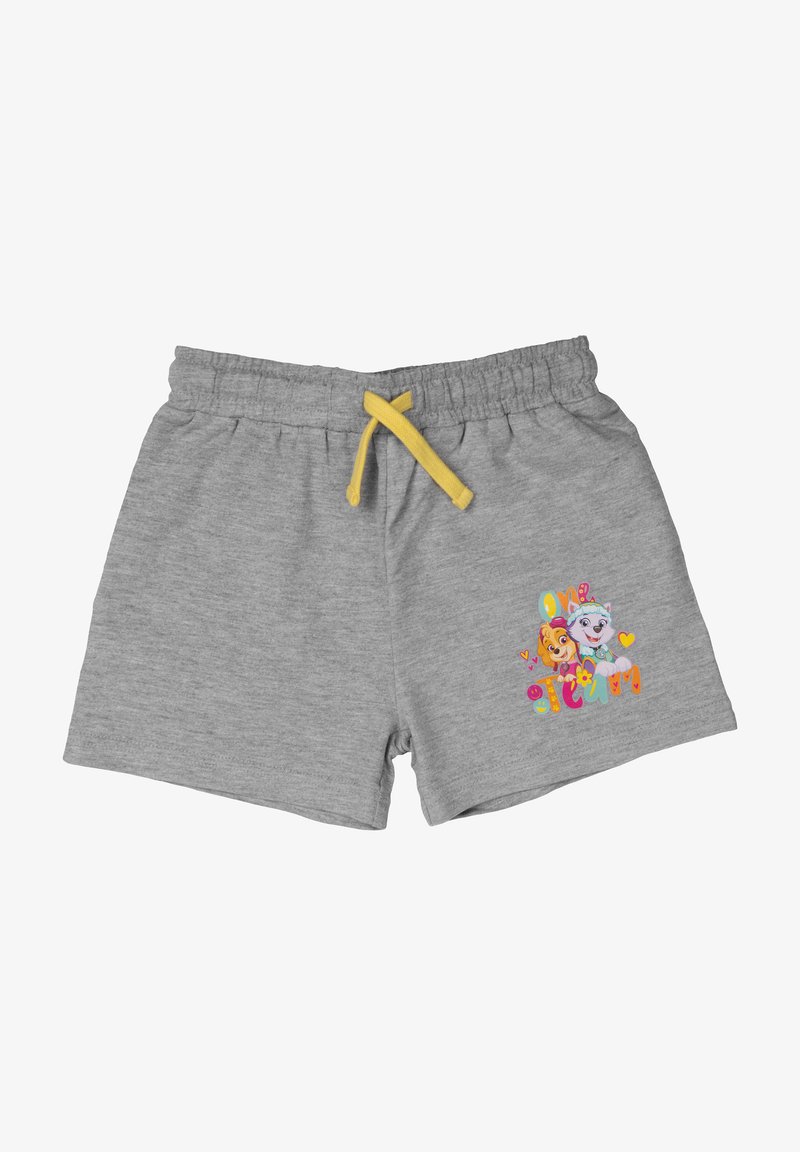 Shorts in cotone grigi con un cordino giallo, caratterizzati da una grafica colorata "Team" e personaggi dei cartoni animati sulla gamba sinistra.