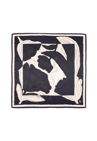 Silk tørklæde med blomster mønster i mørkeblå og creme farver, med konturer af blomster og blade, der rammer et centralt kvadratisk design.