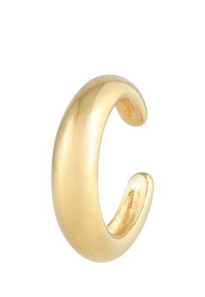 Bague d'oreille lisse et brillante en or avec un design de bande ouverte épaisse et incurvée, reflétant la lumière sur un fond blanc.