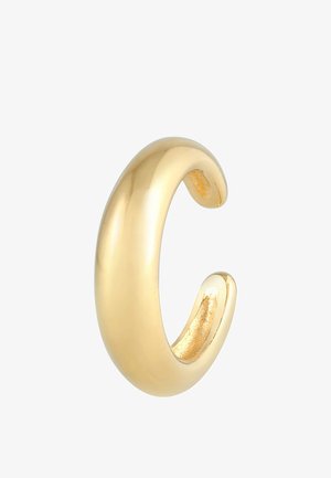 Bague d'oreille lisse et brillante en or avec un design de bande ouverte épaisse et incurvée, reflétant la lumière sur un fond blanc.