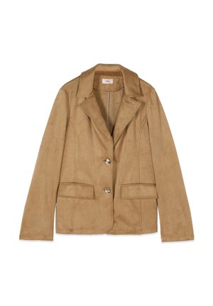 Blazer in suede marrone chiaro con revers a lancia, due bottoni e tasche con patta, mostrato disteso su uno sfondo bianco.