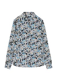 Květinová košile na knoflíky s černým pozadím a vzorem modrých, růžových a bílých květin. Vyrobena z lehkého materiálu s límečkem.