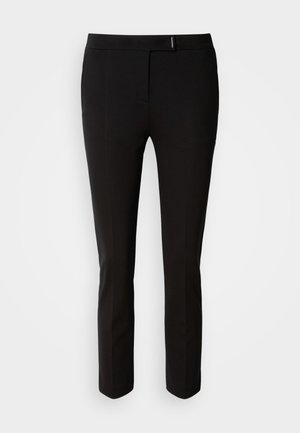 Black tailored trousers with a slim fit, featuring a smooth texture, front pockets, belt loops, and a subtle waistband detail.