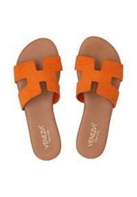 Orange suede slide sandals with a double strap design featuring cut-out patterns. Brown faux leather soles with "Venezia" branding.