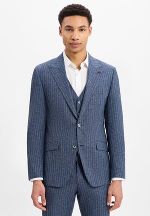 Blau gestreifter Anzugjacke aus strukturiertem Stoff, mit Reverskragen, zwei Fronttaschen und einem einzelnen Knopfverschluss.