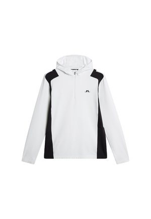 Weißer Pullover-Hoodie mit schwarzen Seitenpaneelen, zippered Hals und einem Logo auf der Brust. Verfügt über lange Ärmel und eine weiche, glatte Textur.