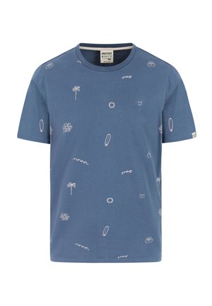 Maglietta di cotone blu a maniche corte con motivi grafici bianchi di palme, sole, tavole da surf e forme astratte. Design con scollo rotondo.