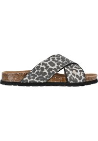 Sandal med leopardtryck och korsade remmar, kork-mellansula, texturerad svart sula och en vadderad fotbädd för komfort.