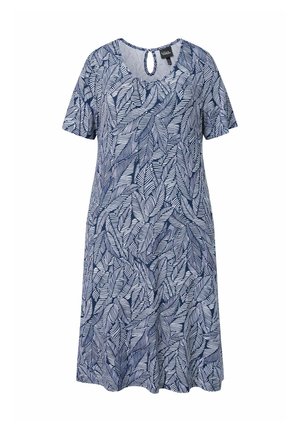 Krótka niebieska sukienka z białym wzorem liści, krótkimi rękawami, okrągłym dekoltem i małym detalem guzika z wycięciem na plecach.