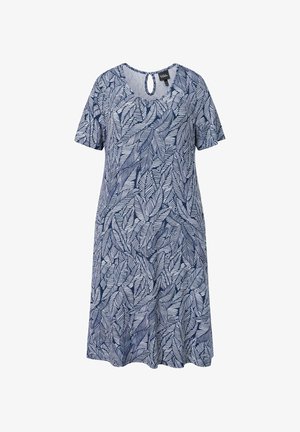 Krótka niebieska sukienka z białym wzorem liści, krótkimi rękawami, okrągłym dekoltem i małym detalem guzika z wycięciem na plecach.