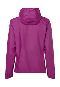 Lila langärmelige wasserdichte Jacke mit angenähter Kapuze, elastischen Bündchen und einer glatten Rückenpartie, die für den Außeneinsatz konzipiert ist.