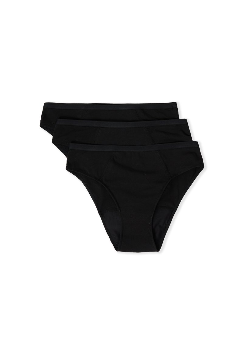 Black cotton bikini briefs with a smooth texture, elastic waistband, and no visible patterns. Set of three, identical in design.