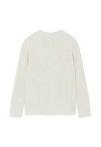 Maglione a maglia color crema con un motivo testurizzato, orlo e polsini a coste, e scollatura rotonda. Viene mostrato il retro.