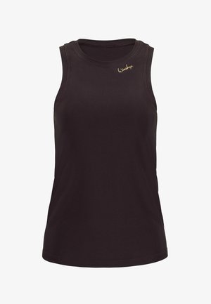 Mouwloze zwarte atletische tanktop met ronde halslijn en klein goudkleurig cursief logo op de bovenkant van de linkerkant van de borst.