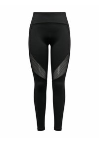 Black leggings with a high waistband, featuring contrasting sheer mesh panels with polka dots on the sides. Smooth, elastic fabric.