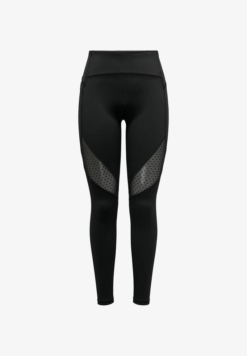 Sorte leggings med høj talje, der har kontrasterende gennemsigtige mesh-paneler med prikker på siderne. Glat, elastisk stof.