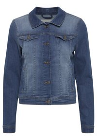 Giubbotto di jeans caratterizzato da una tonalità blu scuro, chiusura frontale con bottoni, colletto a punta, due tasche sul petto e maniche lunghe con polsini bottone.