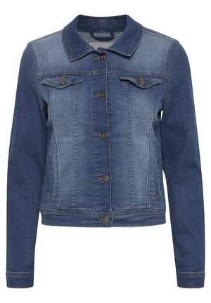 Kurtka dżinsowa w ciemnoniebieskim odcieniu, zapinana na guziki z przodu, z wyprofilowanym kołnierzem, dwiema kieszeniami na piersiach oraz długimi rękawami z zapięciem na guziki.