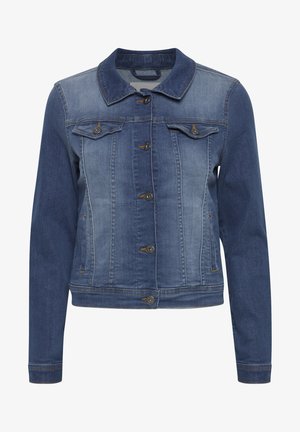 Veste en denim avec une finition bicolore bleu, fermeture par boutons, poches poitrine et col classique. Détails usés le long des coutures.