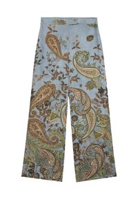 Pantaloni a gamba larga di colore azzurro chiaro con un motivo paisley verde, marrone e arancione, caratterizzati da una texture liscia e chiusura frontale con bottone.