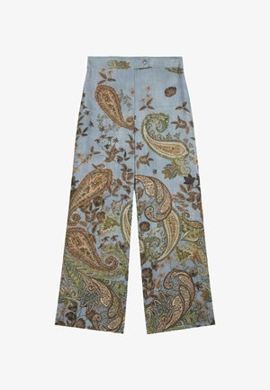 Pantalons larges bleu clair avec un motif paisley en vert, marron et orange, au toucher lisse et avec une fermeture à bouton sur le devant.