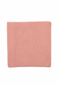 Coperta lavorata a maglia di un soffice rosa, di forma rettangolare, con una texture a costine e cuciture uniformi in tutta la superficie.