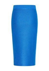 Bright blue knee-length pencil skirt with a smooth, shiny texture and a fitted silhouette. Features a wide, elastic waistband for comfort.