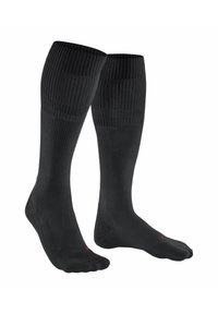 Schwarze Kniestrümpfe mit Rippenstruktur, verstärkter Zehen- und Fersenpartie. Sie verfügen über eine glatte Sohle und ein kleines rotes Logo auf der Unterseite.