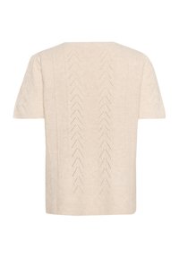 Beige pletený svetr s krátkými rukávy, který má texturovaný vzor s vertikálními šípy a žebrované detaily podél okrajů.